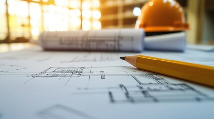 Close-up of blueprints and construction plans with a pencil
