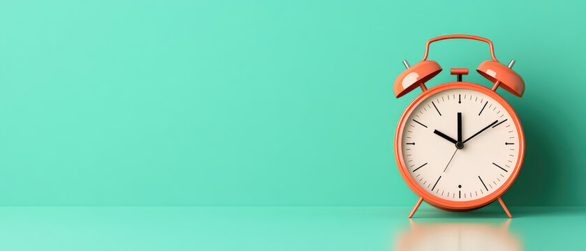 Vibrant Orange Alarm Clock Against Mint Green Backdrop, A minimalist design emphasizing color contrast, symbolizing time management and daily routines.