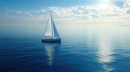 Obraz premium A white sailboat drifting on a calm blue sea, symbolizing peace and freedom