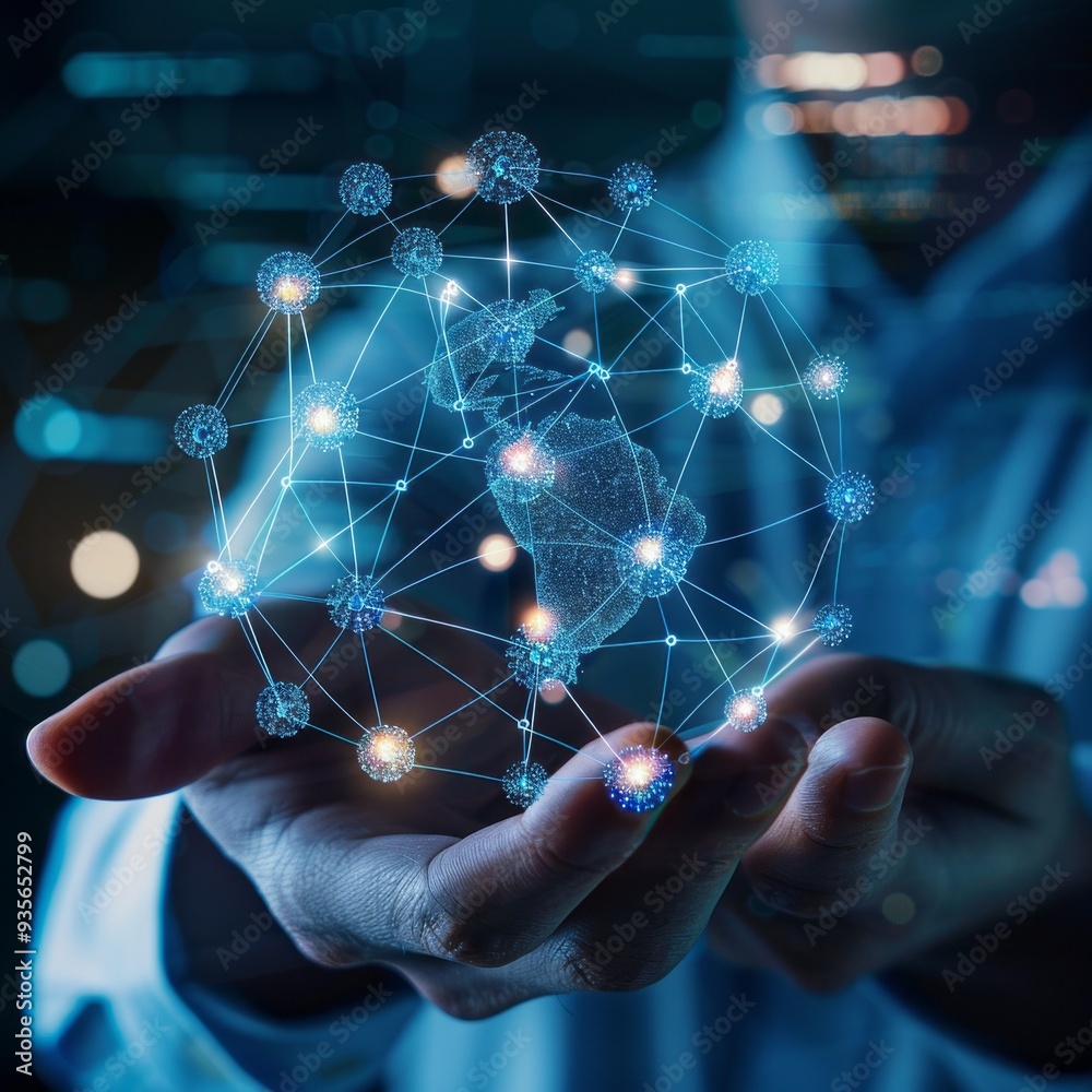 Poster a professional analyzes data visualization on a holographic globe, representing global business conn