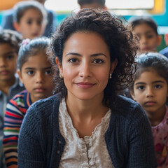 A hispanic teacher with her diverse classroom in the south.