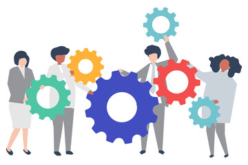 People teamwork illustration png, people and gears design characters transparent background