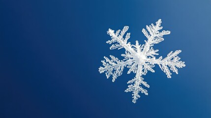 A white snowflake against a deep blue winter sky, capturing the beauty of winter