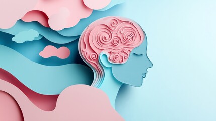 A paper-cut silhouette of a head with swirling patterns symbolizes thoughts and emotions in pastel hues.