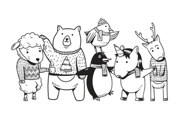 Png animals christmas party illustration, transparent background