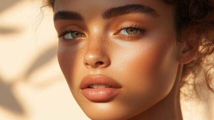A young woman displays radiant skin and subtle makeup, illuminated by warm sunlight, creating soft shadows across her face.
