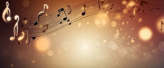 Abstract Musical Notes with Golden Bokeh Lights on a Brown Background