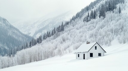 Fototapeta premium A white winter cabin nestled in the snowy mountains, symbolizing warmth and solitude