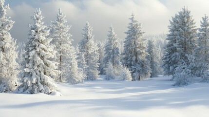 Naklejka premium A white winter landscape with snow-covered trees, creating a peaceful and serene scene