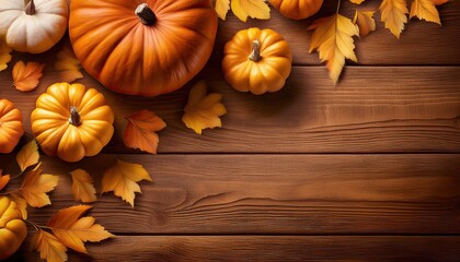 pumpkins and yellow autumn leaves on corner of vintage wooden table background