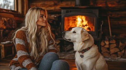 A woman sitting on the floor with a dog in front of her fireplace, AI