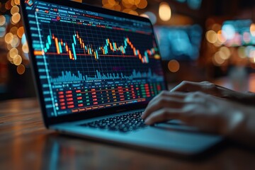 A person is typing on a laptop with a screen displaying a graph of stock prices