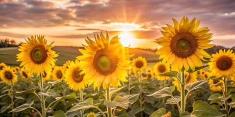 Obraz premium Vibrant sunflowers swaying gently in a golden sunset, warm rays illuminating the blooming flowers, creating a tranquil and idyllic countryside landscape.