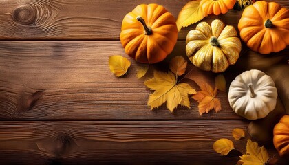 Fototapeta premium pumpkins and yellow autumn leaves on corner of vintage wooden table background