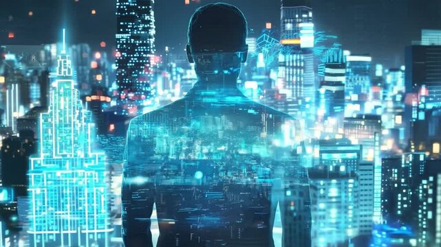 A figure looks out over a vibrant city illuminated by digital screens and lights, surrounded by a high-tech atmosphere.