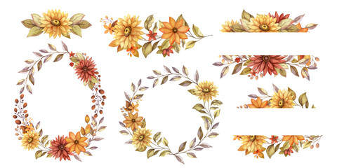 Set of fall wreath and arrangement with copy space. Hand drawn watercolor floral frame with flower and leaves in rustic style. Perfect for autumn botanical invitation and greeting card design.
