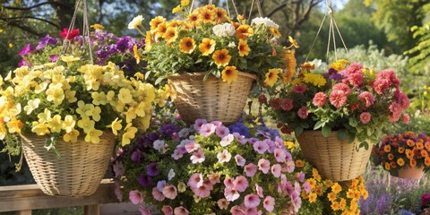 Vibrant hanging baskets overflow with an assortment of brightly blooming flowers in shades of pink, yellow, orange, and purple, against a serene natural background.
