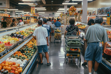 A bustling grocery store with aisles filled with fresh produce, packaged goods, and a variety of products. Shoppers are pushing carts, selecting items, and chatting with store staff. The atmosphere is