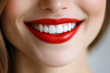 Fototapeta premium Human smiling mouth and nose. Closeup macro portrait of female part of face. Woman red lips with day beauty makeup. generative ai