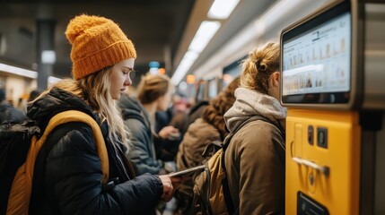 People stand in line at a bustling station to purchase train tickets, eager to begin their journeys