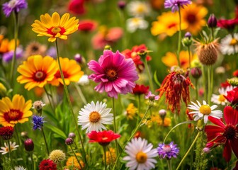 Vibrant wildflowers of every color - red, yellow, pink, purple, and white - sway gently in the soft, warm summer breeze in a lush meadow landscape.