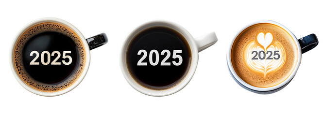 Fototapeta premium set of Coffee cups seen from above with the number 2025 inside the coffee against transparent or white background
