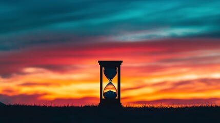 A silhouette of an hourglass against a sunset sky, time passing into twilight