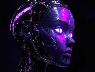 Cyberpunk Android Face with Glowing Purple Eyes.