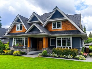 A house with a large front yard and landscaping in front of it