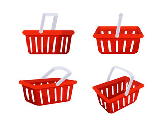 Red shopping baskets displayed from various angles for retail use, ideal for supermarkets or grocery stores. Vibrant color for easy identification and consumer appeal