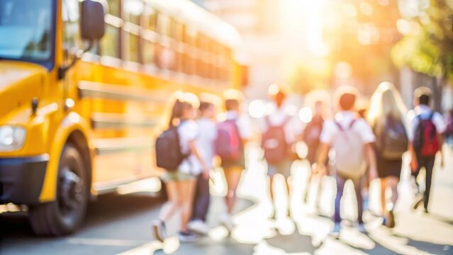 blurred Students boarding or riding the school bus, marking the beginning of their daily school routine.