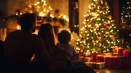65. A cozy holiday evening with a family around a decorated Christmas tree