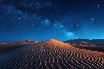 A desert landscape with a starry sky and a large