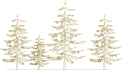 Vector sketch, silhouette illustration, detailed drawing design, collection of abstract unique pine pine trees in the forest with lots of branches for greenery