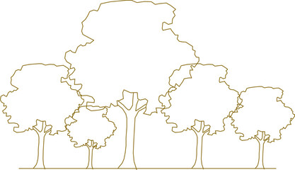 Vector sketch, silhouette illustration, detailed drawing design, collection of abstract unique simple trees in the forest with lots of leaves and twigs for greenery