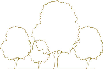 Vector sketch, silhouette illustration, detailed drawing design, collection of abstract unique simple trees in the forest with lots of leaves and twigs for greenery