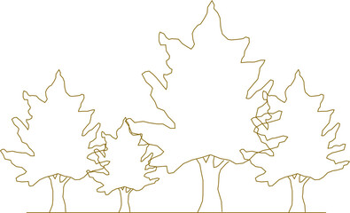 Vector sketch, silhouette illustration, detailed drawing design, collection of abstract unique simple trees in the forest with lots of leaves and twigs for greenery