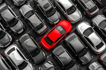 A red car in the middle of a parking lot of cars