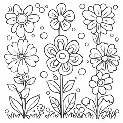 Black and white whimsical flowers with leaves and circles. Line art illustration isolated on white background. Botanical design for greeting card, invitation, poster, and print. Generative AI