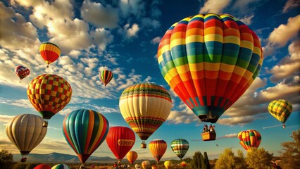 Fototapeta premium Vibrant hot air balloons in various colors soar against a brilliant blue sky dotted with soft, white, puffy clouds, creating a whimsical and serene atmosphere.