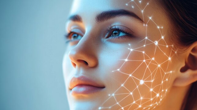 A young woman gazes thoughtfully as luminous lines and nodes map out her facial features against a serene blue backdrop.