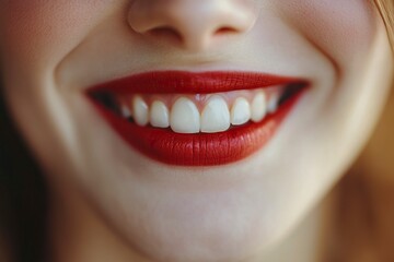 Human smiling mouth and nose. Closeup macro portrait of female part of face. Woman red lips with day beauty makeup. generative ai