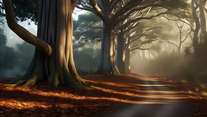 Obraz premium A tranquil forest path winding through tall trees, with dappled sunlight filtering through the leaves and a carpet of fallen leaves on the ground. -