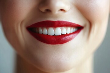 Fototapeta premium Human smiling mouth and nose. Closeup macro portrait of female part of face. Woman red lips with day beauty makeup. generative ai