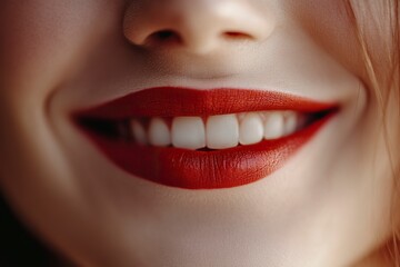 Fototapeta premium Human smiling mouth and nose. Closeup macro portrait of female part of face. Woman red lips with day beauty makeup. generative ai