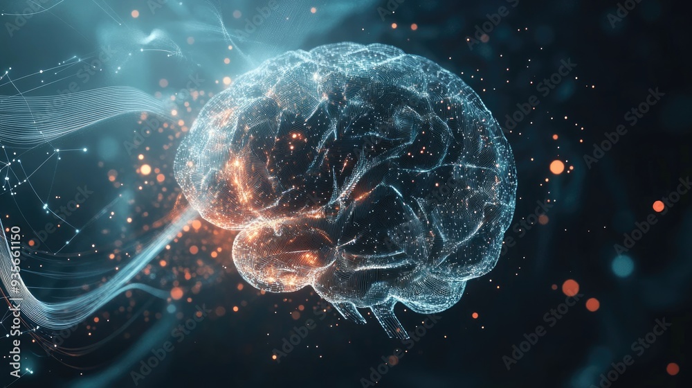 Fototapete an abstract ai brain formed by geometric shapes and digital waves, with space around it for text.