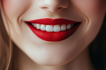 Obraz premium Human smiling mouth and nose. Closeup macro portrait of female part of face. Woman red lips with day beauty makeup. generative ai