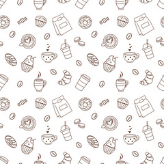 Seamless pattern with coffee and sweets, doodles. Paper cups, cup and bakery. Muffin, croissant, cupcake, cake, latte, americano, cappuccino, coffee beans, macarons, donuts. Vector pattern, outline.