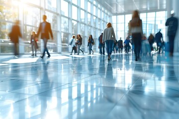 A busy airport lobby with people walking around and carrying luggage