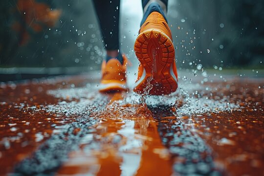 A person is running in the rain with their feet splashing water